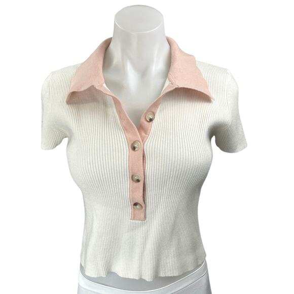Sophie Rue White Pink Rib Knit Button Collar Short Sleeve Crop Polo Blouse Top M - Picture 1 of 4